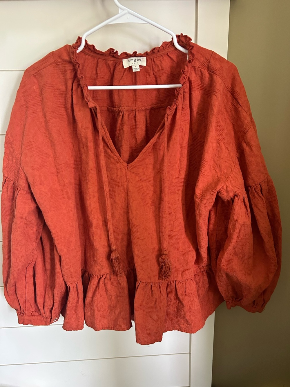 Umgee Rust Orange Textured Peasant Tunic with Tassel Ties